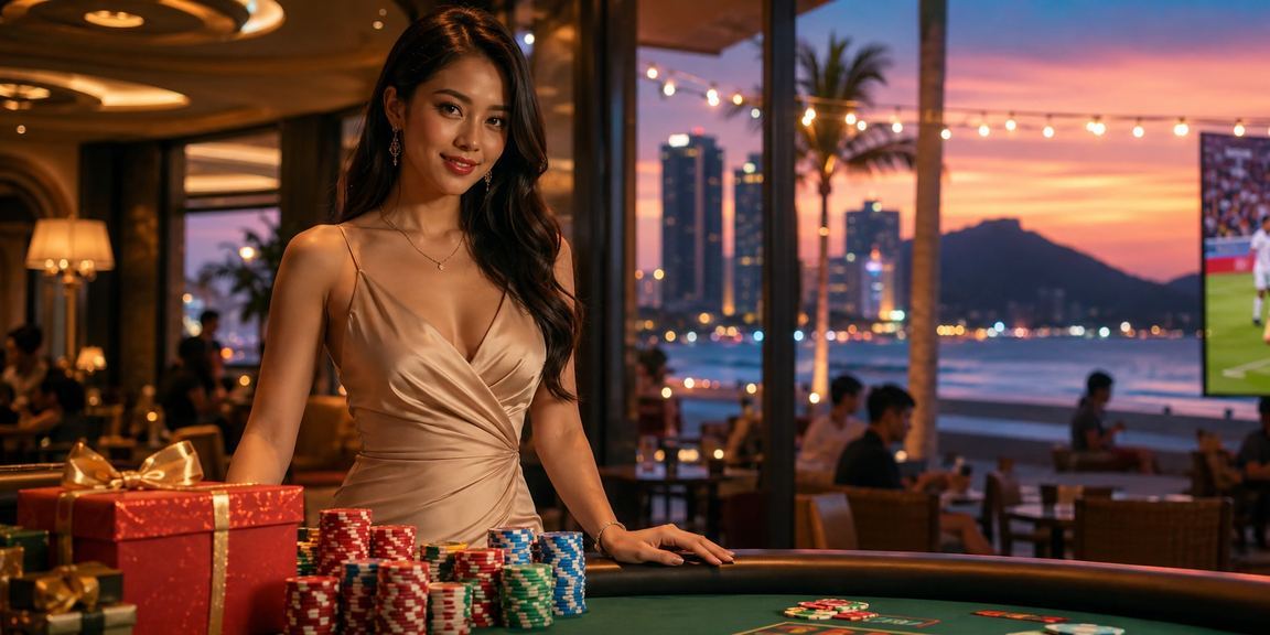 Khung cảnh casino bên bãi biển Đà Nẵng với ánh đèn rực rỡ buổi tối
